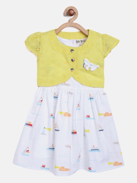 

Bella Moda Girls White & Yellow Nautical Print Layered Fit & Flare Dress & Schiffli Shrug