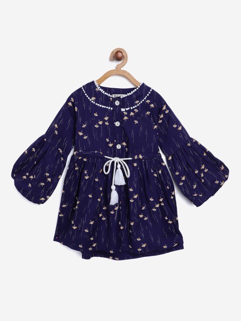 

Bella Moda Girls Navy Blue & Mustard Yellow Umbrella Tie-Up Detail Fit & Flare Dress