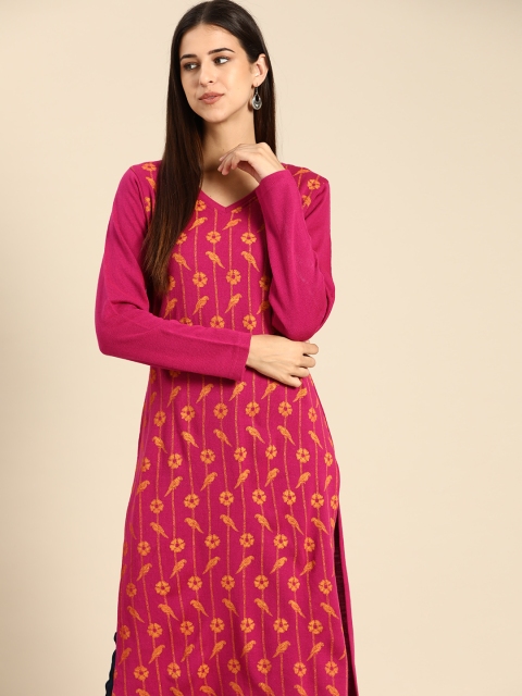 

Anouk Women Pink & Mustard Yellow Woven Design Winter Kurta