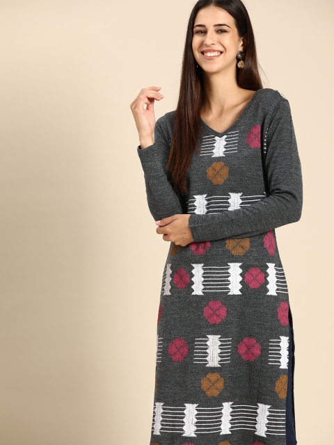 

Anouk Women Charcoal Grey & White Geometric Printed Winter Kurta