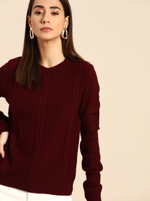 

Anouk Women Maroon Self-design Winter Pullover
