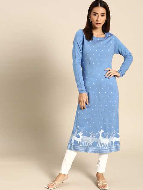 

Anouk Women Blue & White Geometric Print Straight Winter Kurta