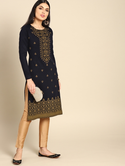 

Anouk Women Navy Blue & Olive Green Ethnic Motifs Print Straight Winter Kurta