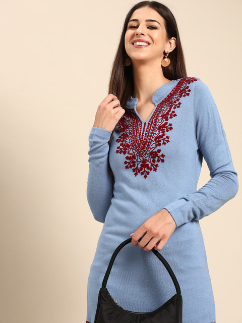 

Anouk Women Blue & Red Yoke Design Straight Winter Kurta