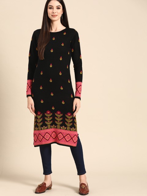 

Anouk Women Black & Yellow Floral Printed Winter Kurta