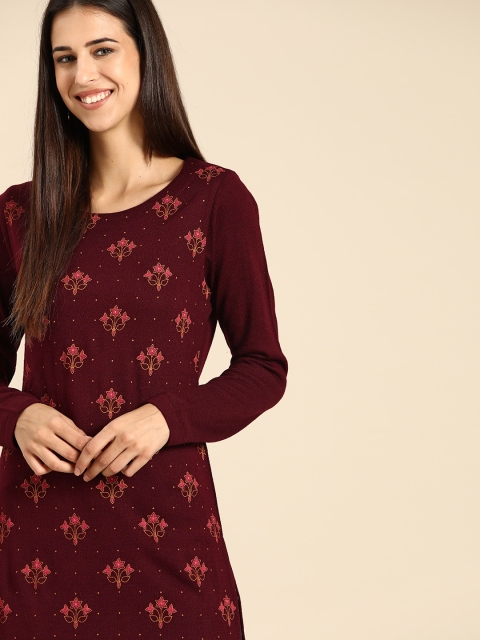 

Anouk Women Maroon & Pink Ethnic Motifs Printed Winter Kurta