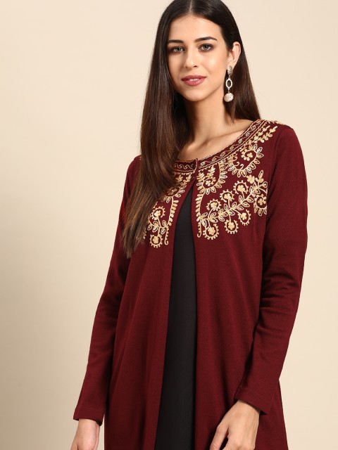 

Anouk Women Maroon & Cream-Coloured Embroidered Winter Longline Front-Open Sweater