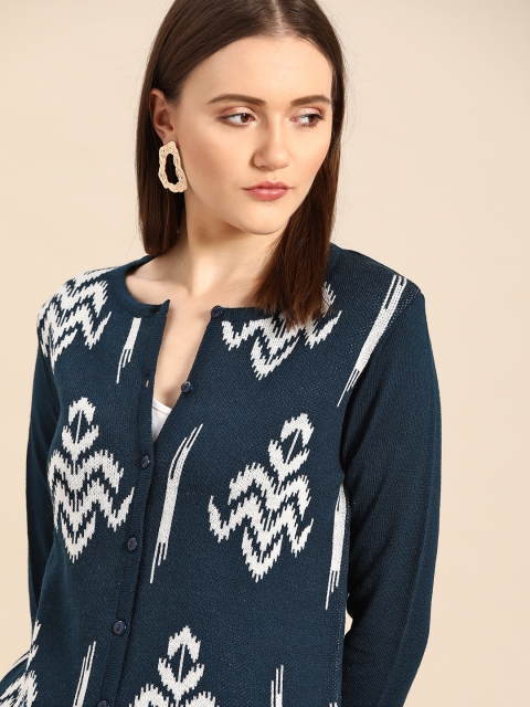 

Anouk Women Navy Blue & White Printed Winter Cardigan