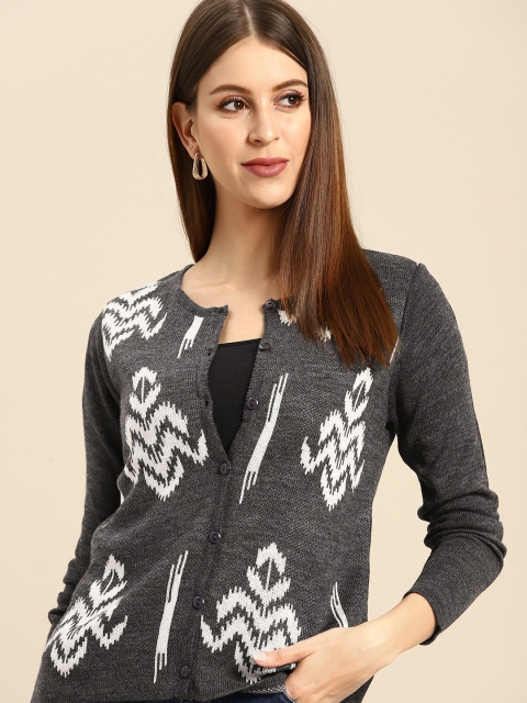 

Anouk Women Charcoal Grey & Off White Self Design Winter Cardigan