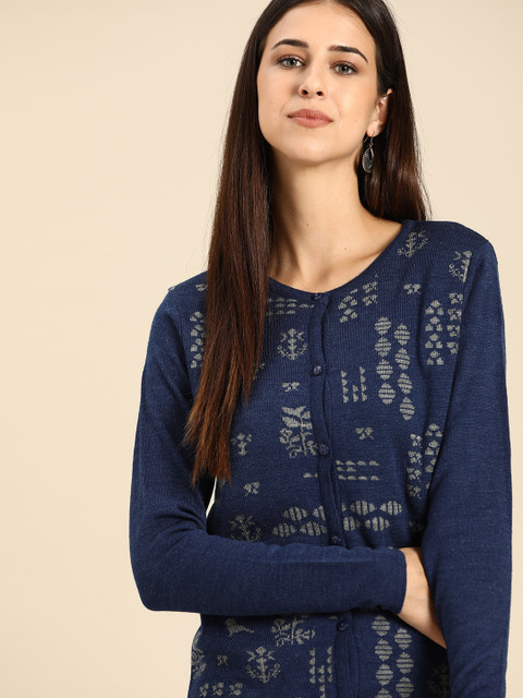 

Anouk Women Navy Blue & Grey Self-Design Winter Cardigan