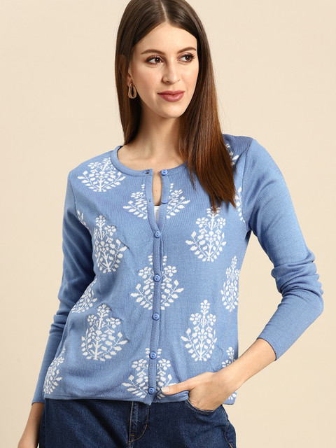 

Anouk Women Blue & Off White Self Design Winter Cardigan