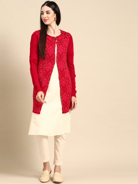 

Anouk Women Maroon & Gold Ethnic Motifs Patterned Winter Longline Front-Open Sweater