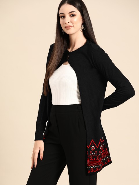 

Anouk Women Black & Red Geometric Patterned Hem Design Winter Longline Shrug