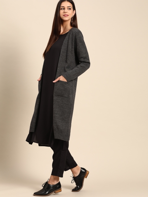 

Anouk Women Charcoal Grey Solid Winter Open Front Longline Shrug