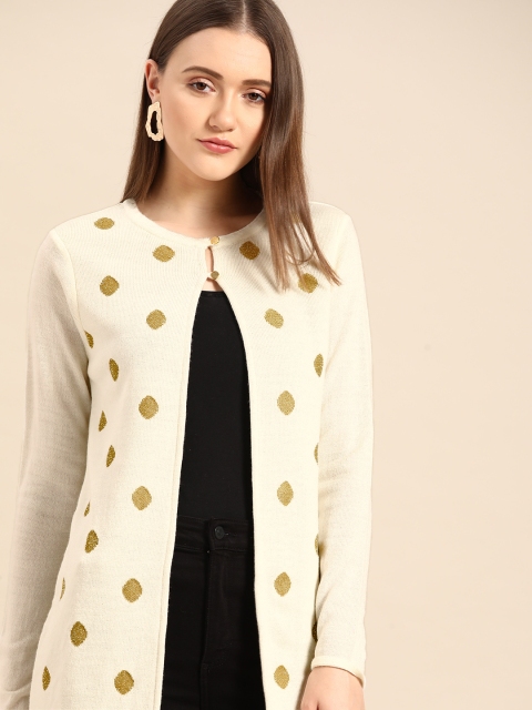 

Anouk Women Off White & Golden Self Design Longline Shrug