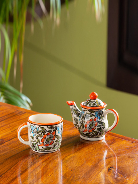 

ExclusiveLane White & Green Hand-Painted Ceramic Kettle Set