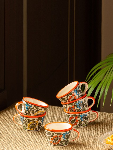 

ExclusiveLane Set of 6 Cream-Coloured & Orange Hand-Painted Microwave Safe Ceramic Cups
