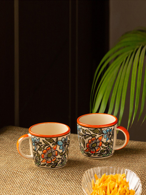 

ExclusiveLane Set Of 2 Off-White & Orange Hand-painted Ceramic Tea & Coffee Mugs