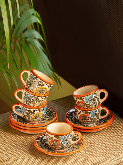 

ExclusiveLane Cream-Coloured & Orange 12 Pieces Hand-Painted Ceramic Cups & Saucers Set