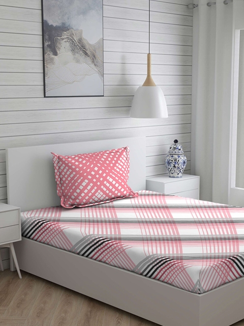 

Layers White & Pink Geometric 104 TC Cotton 1 Single Bedsheet with 1 Pillow Covers