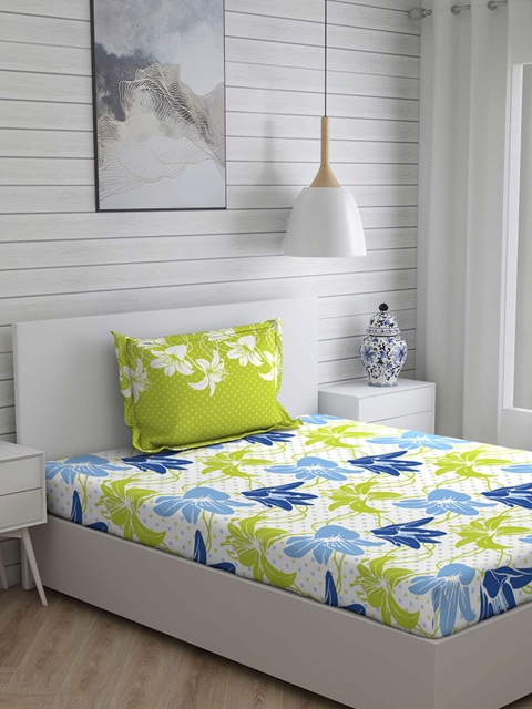 

Layers Green & Blue Floral Cotton Single Bedsheet with 1 Pillow Covers