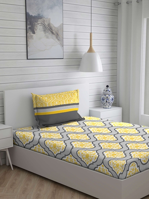 

Layers Grey & Yellow Floral 104 TC Cotton 1 Single Bedsheet with 1 Pillow Covers