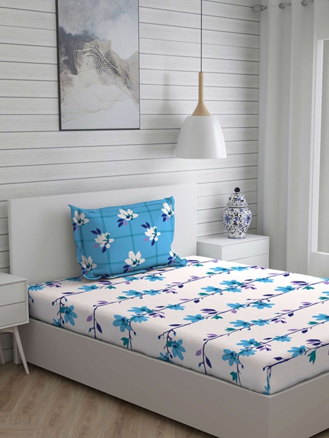 

Layers Off-White & Blue Floral 104 TC Cotton 1 Single Bedsheet with 1 Pillow Covers