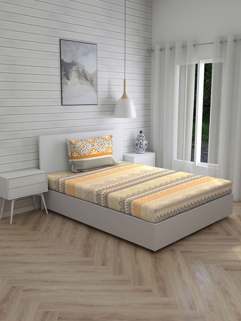 

Layers Grey & Orange Ethnic Motifs 144 TC Pure Cotton Single Bedsheet with 1 Pillow Cover