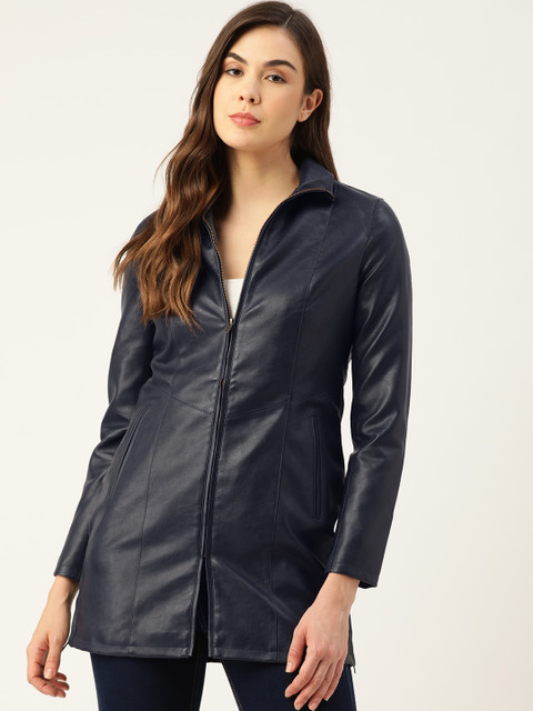 

Leather Retail Women Navy Blue Solid Lightweight Leather Jacket