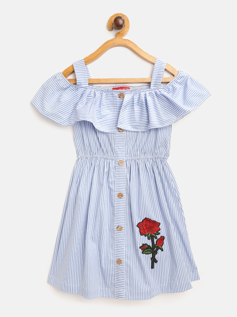 

pspeaches Girls Blue & White Striped Layered Embroidered A-Line Dress