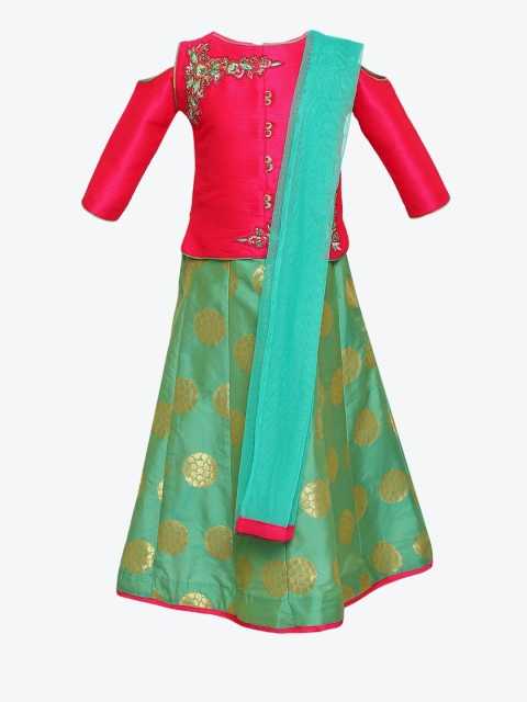 

Aarika Girls Pink & Green Embroidered Ready to Wear Lehenga & Blouse with Dupatta