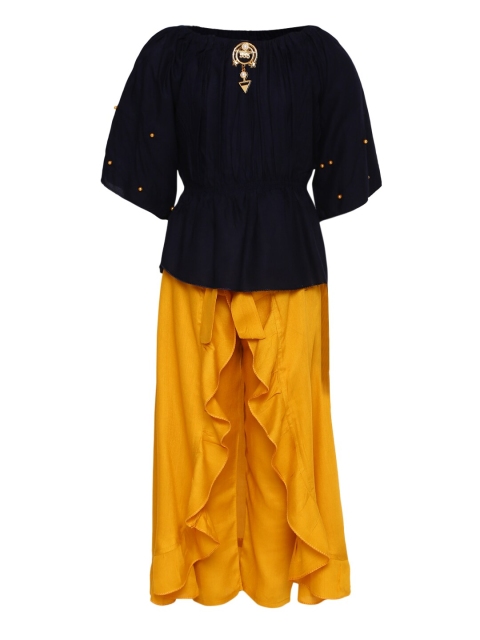 

Aarika Girls Yellow & Navy Blue Solid Top with Skirt