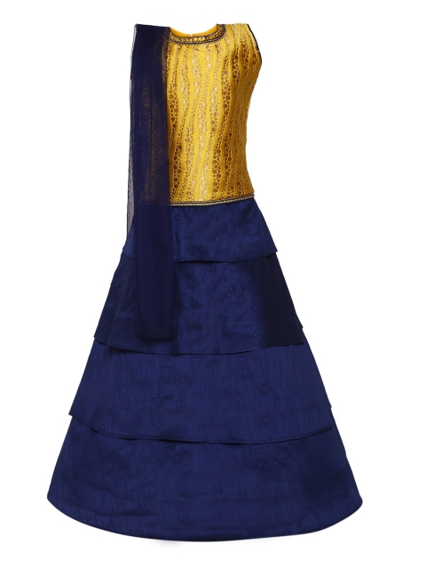

Aarika Girls Gold-Toned & Navy Blue Woven Design Ready to Wear Lehenga & Blouse with Dupatta