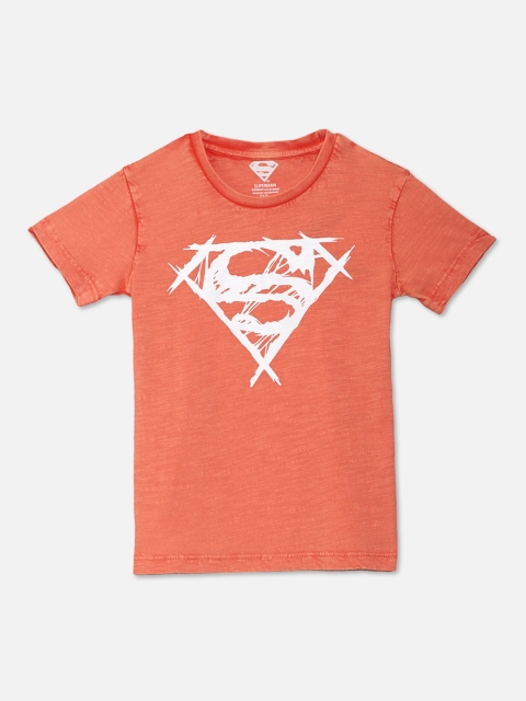 

Kids Ville Boys Peach-Coloured Printed Round Superman Neck T-shirt