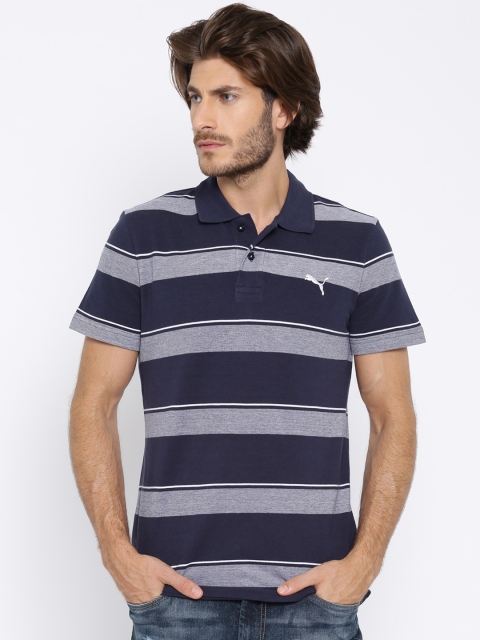

PUMA Navy & Grey Melange Striped Slim Polo T-shirt, Navy blue