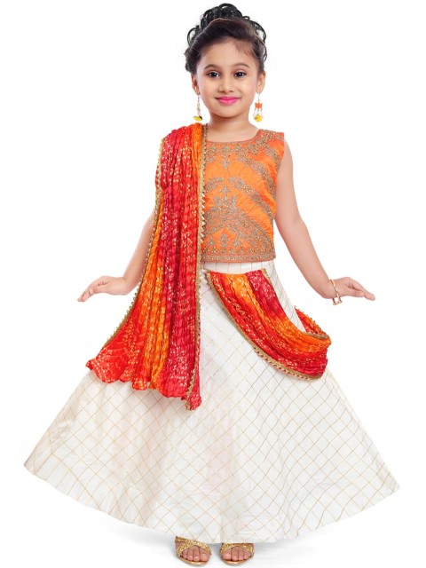 

Wish Karo Girls Orange & White Embroidered Ready to Wear Lehenga & Blouse with Dupatta