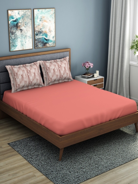 SPACES Coral Solid 144 TC Cotton 1 Queen Bedsheet with 2 Pillow Covers