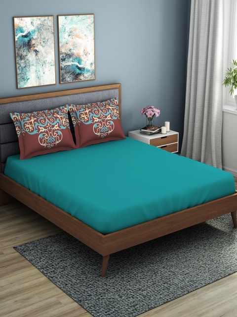 

SPACES Teal Blue & Brown Ethnic Motifs 144 TC Cotton 1 Queen Bedsheet with 2 Pillow Covers