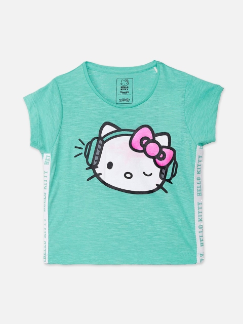 

Kids Ville Girls Green Hello Kitty Printed Round Neck Cotton T-shirt