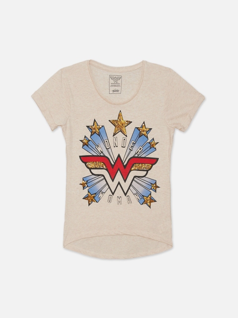 

Kids Ville Girls Beige Wonder Woman Printed Round Neck T-shirt