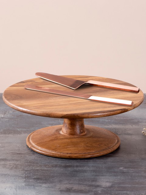 

nestroots Brown & Copper-Toned Solid Handcrafted Wooden Cake Stand with Server & Knife