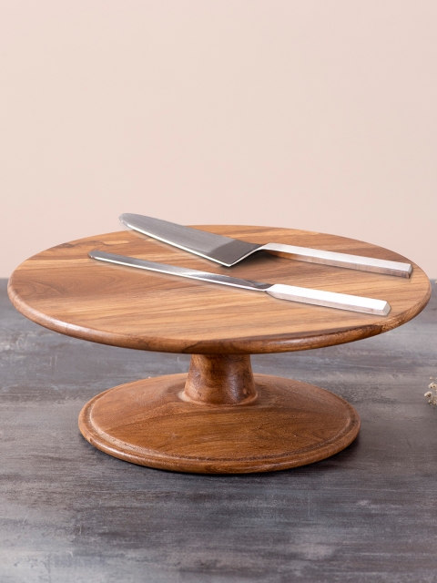 

nestroots Brown & Silver-Toned Solid Wooden Cake Stand, Cake Server & Knife