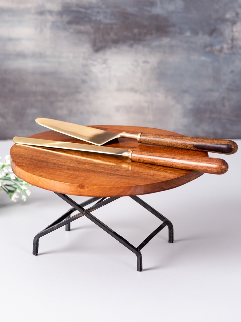 

nestroots Set Of Wooden Cake Stand, Cake Servers & Knife, Brown