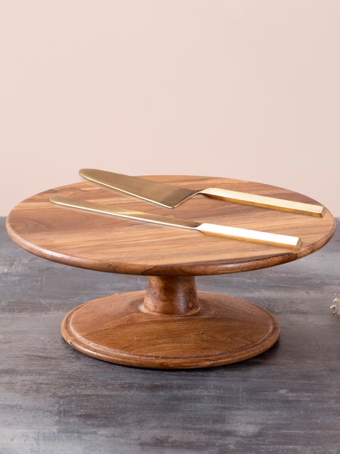 

nestroots Set of Brown & Gold-Toned Solid Mango Wood Cake Stand, Server & Knives