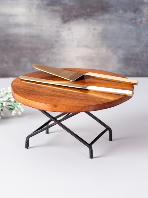 

nestroots Brown & Black Handcrafted Wooden Cake Stand with Server & Knife