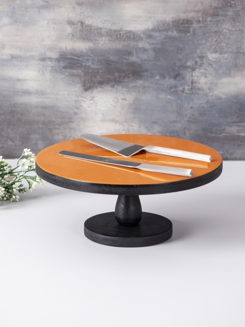 

nestroots Set of Brown & Gold-Toned Solid Mango Wood Cake Stand, Server & Knives
