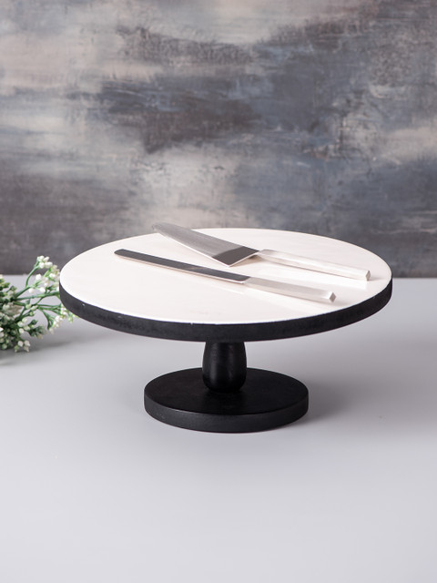 

nestroots Set of 3 White & Silver-Toned Solid Cake Stand, Server & Knife