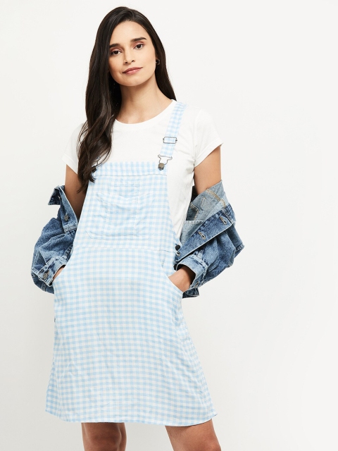 

max Women Blue & White Checked Pinafore Dress