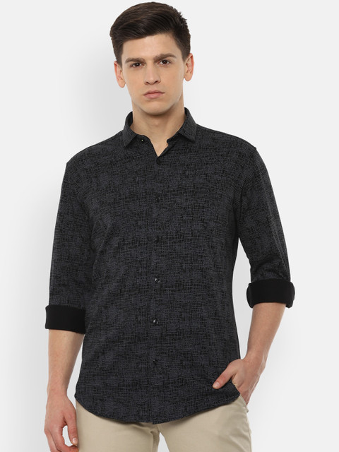 

V Dot Men Black Slim Fit Printed Cotton Casual Shirt