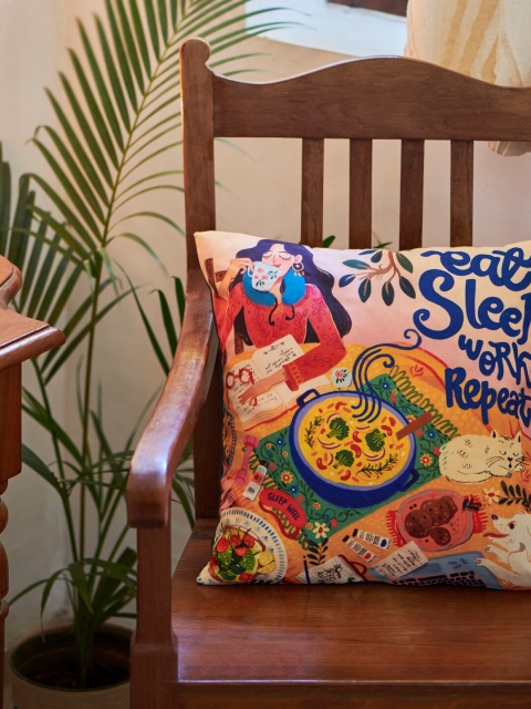 

Chumbak Peach-Coloured & Blue Single Ethnic Motifs Square Cushion Cover